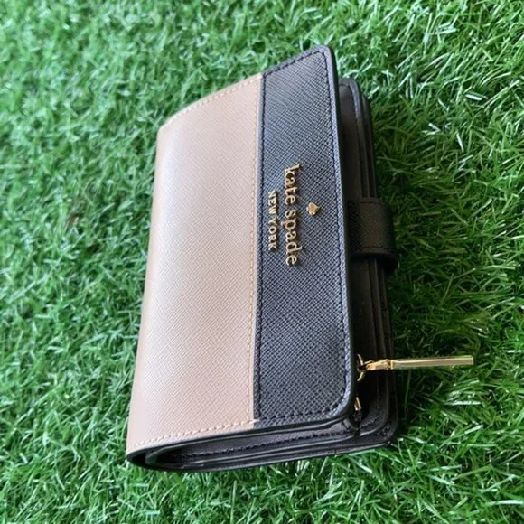 Kate Spade Staci Colorblock Medium Compact Bifold Wallet Warm Beige Multi - Picture 2 of 16